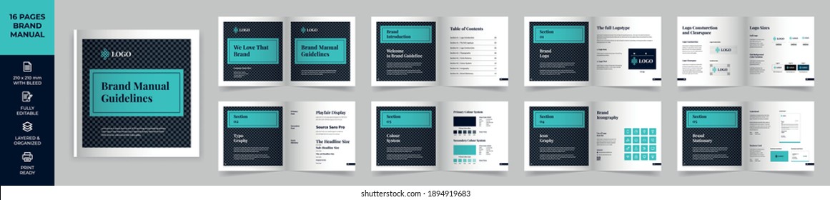 Square Brand Manual Template, Simple style and modern layout Brand Book, Brand Identity, Brand Guideline, Guide Book