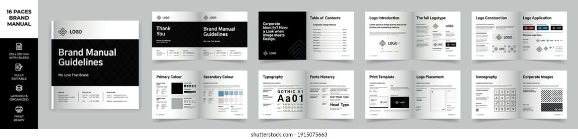 Square Brand Manual Template, Simple style and modern layout Brand Book, Brand Identity, Brand Guideline, Guide Book