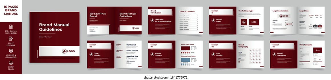 Square Brand Manual Template, Simple style and modern layout Brand Book, Brand Identity, Brand Guideline, Guide Book