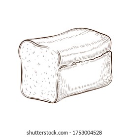 square bread isolated on white. hand drawn traditional wheat, rye or whole grain loaf doodle icon. fresh baked sliced bread. Vector vintage engraved sketch. illustration for poster, label, bakery shop