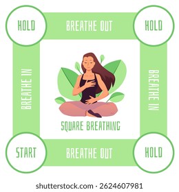 Square breathing trainer. Woman makes calm breathing exercise. Breathe out and in, hold and start bottoms. Vector flat illustration isolated on white background. Health and wellbeing concept