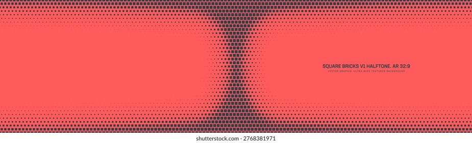 Square bricks halftone pattern with dual framed border in red and black tones, created in ultra wide 32:9 aspect ratio. This vector abstract background uses repeating square elements arranged in a structured grid that fades smoothly toward the center, forming a clean content zone for text or interface elements. The composition combines retro and futuristic influences through bold colour contrast and modular geometry. The square brick texture creates a pixel inspired aesthetic suitable for digital branding, dashboards, web hero sections, banners, and streaming graphics. The ultrawide panoramic layout works especially well for widescreen monitors, website headers, stage screens, and modern presentation templates. Ideal for technology concepts, gaming overlays, product launches, motion graphics backdrops, and social media banners. The halftone treatment adds detail and movement while preserving a clean professional appearance