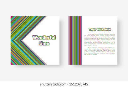 Square bright background with colorful stripes of different widths. Vector illustration with blue, green, yellow, orange, pink lines.
