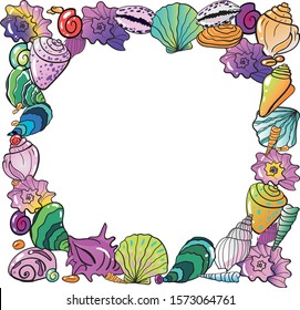 Square bright colorful sea shell wreath on transparent background. All parts separate. Invitatoin card poster clipart high resolution 300 dpi eps isolated