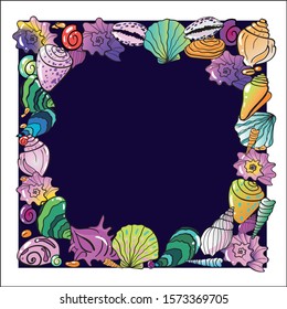 Square bright colorful sea shell wreath on dark and white background. All parts separate. Invitatoin card, poster, clipart, high resolution, 300 dpi, eps isolated svg
