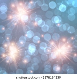 Square bright purple background with flying firework light particles. Vector Christmas winter illustration.