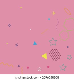 Anillo luminoso cuadrado Estrellas verdes fondo pastel de hipster rosado. Poligonal Oval Zigzag Corazones Sencilla Geometría De Onda Dulce. Rectángulo Azul Púrpura Rojo Amarillo Amarillo Color Anaranjado Fondo.
