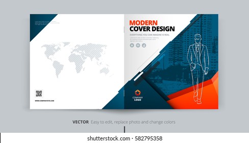 Square Brochure design. Blue & orange corporate business square template for brochure, report, catalog, flyer. Layout with modern abstract triangle background. Creative poster, flyer, banner concept