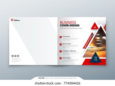Square Brochure design. Red corporate business rectangle template brochure, report, catalog, magazine. Brochure layout modern triangle shape abstract background. Creative brochure vector concept