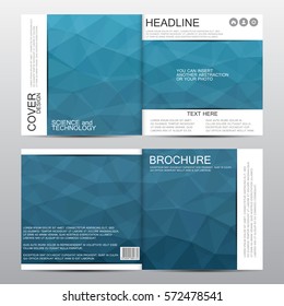 Square brochure template with blue triangles. Geometric abstract background. Vector illustration.