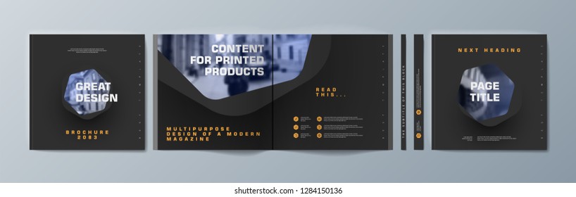 Square brochure template design. Cover business annual report, catalog, magazine, journal mockup, modern printed product, book, booklet, album, information poster. Ad flyer text font - Vector