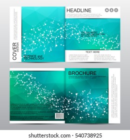 Square brochure template with molecular structure. Geometric abstract background. Medicine, science, technology. Vector graphics. 