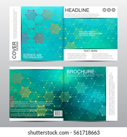 Square brochure template with molecular structure, geometric abstract background. Medicine, science and technology concept. Vector illustration