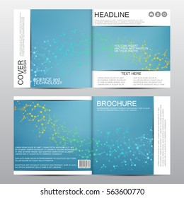 Square brochure template with molecular structure. Geometric abstract background. Medicine, science, technology. Vector illustration.