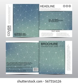 Square brochure template with molecular structure. Geometric abstract background. Medicine, science, technology. Vector illustration.