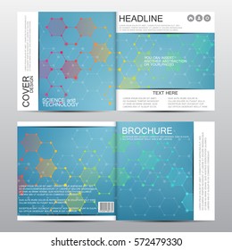 Square brochure template with molecular structure. Geometric abstract background. Medicine, science, technology. Vector illustration.