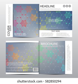 Square brochure template with molecular structure. Geometric abstract background. Medicine, science, technology. Vector illustration.