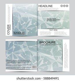 Square brochure template with molecular structure. Geometric abstract background. Medicine, science, technology. Vector illustration.