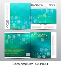 Square brochure template with molecular structure. Geometric abstract background. Medicine, science, technology. Vector illustration