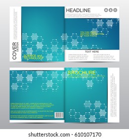 Square brochure template with molecular structure. Geometric abstract background. Medicine, science and technology concept. Vector illustration