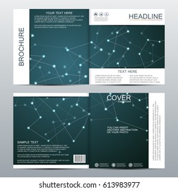 Square brochure template with structure of molecular particles and atom. Polygonal abstract background. Medicine, science and technology concept. Vector illustration