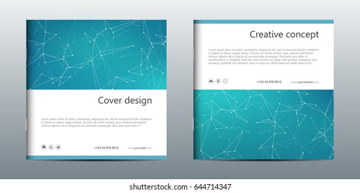 Square brochure template with structure of molecular particles and atom. Polygonal abstract background. Medicine, science and technology concept. Vector illustration