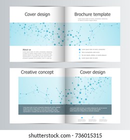 Square brochure template with structure of molecular particles and atom. Polygonal abstract background. Medicine, science and technology concept. Vector illustration