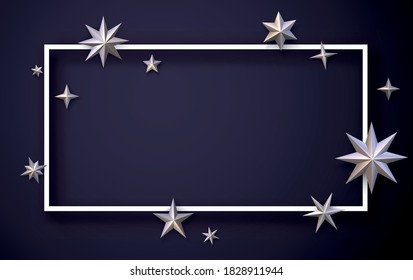 Square bronze frame with stars on dark violet background. Space for text. Vector holiday illustration.