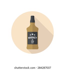 Square Brown Bottle Of Whiskey Vector Colored Round Flat Icon With Long Shadow