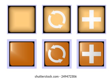 Square brown buttons reload and plus for various applications