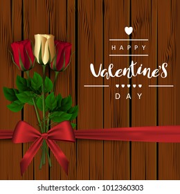 A square brown wooden background with red and gold buds of roses on a green stem and a red bow. The festive inscription of the lettering "Happy Valentine's Day" Vector.
