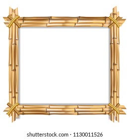 Square brown wooden border frame made of realistic  brown bamboo sticks with empty copy space for text or image inside. Vector clip art, banner, poster or photo frame isolated on white background.