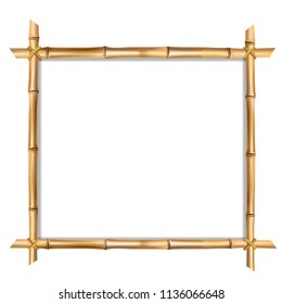 Square brown wooden border frame made of realistic  brown bamboo sticks with empty copy space for text or image inside. Vector clip art, banner, poster or photo frame isolated on white background.