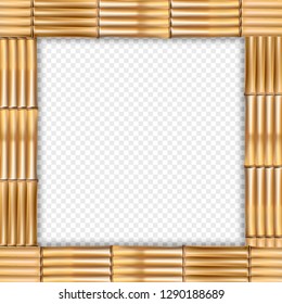 Square brown wooden border frame made of realistic dry bamboo sticks with rope, empty copy space for text or image. Vector clip art, banner, template or photo frame isolated on transparent background