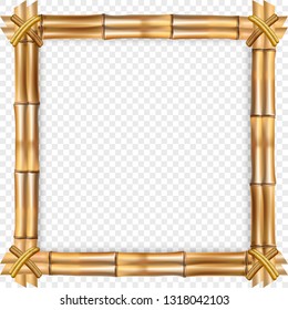 Square brown wooden border frame made of realistic dry bamboo sticks with rope, empty copy space for text or image. Vector clip art, banner, template or photo frame isolated on transparent background