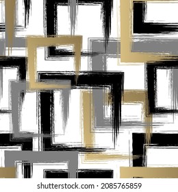 Square brush strokes seamless pattern. Repeating gold random grunge shape. Squares backdrop. Background golden printed. Geometric texture. Repeated graphic printing. Patern for design prints. Vector