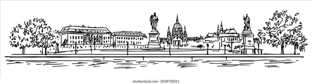 Heroes’ Square in Budapest city panorama hand drawing doodle hatching vector sketch