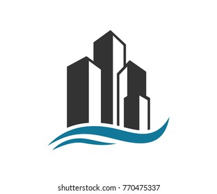 Square Building Real Estate one the Beach with Wave Generic Logo Symbol