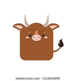 Square bull farm animal face icon isolated on white background. Cute cartoon square shape cute ox kawaii avatar for kids character. Vector flat clip art illustration mobile ui game application.