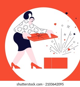 Square bunner with woman got huge gift. Wonder opened box with fireworks surprise. Giving presents for holiday concept isolated on white in outline minimalism design. Flat Art Vector Illustration.
