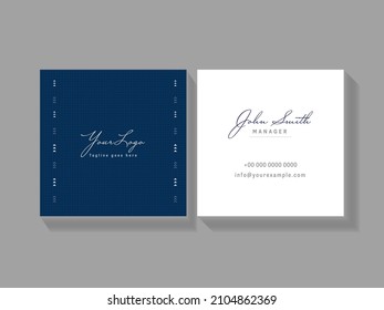 Square Business Or Visiting Card With Double-Side In Blue And White Color.