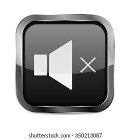 Square Button. Black Shiny glass button with metal frame. Speaker volume icon. Vector Illustration isolated on white background.