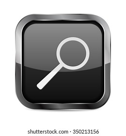 Square Button. Black Shiny glass button with metal frame. Search icon. Vector Illustration isolated on white background.