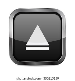Square Button. Black Shiny glass button with metal frame. Eject icon. Vector Illustration isolated on white background.