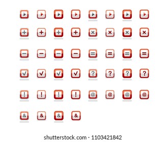 Square button icon in half-folded form.Red square button icon with multiple symbols.