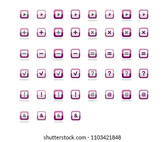 Square button icon in half-folded form.Purple square button icon with multiple symbols.