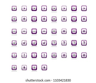 Square button icon in half-folded form.Violet square button icon with multiple symbols.