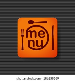 Square button icon with text menu and fork, spoon and knife on the metal background. Vector illustration.
