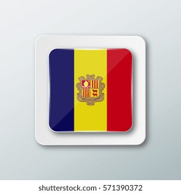 Square button with the national flag of Andorra with the reflection of light. Icon with the main symbol of the country.