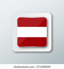 Square button with the national flag of Austria with the reflection of light. Icon with the main symbol of the country.